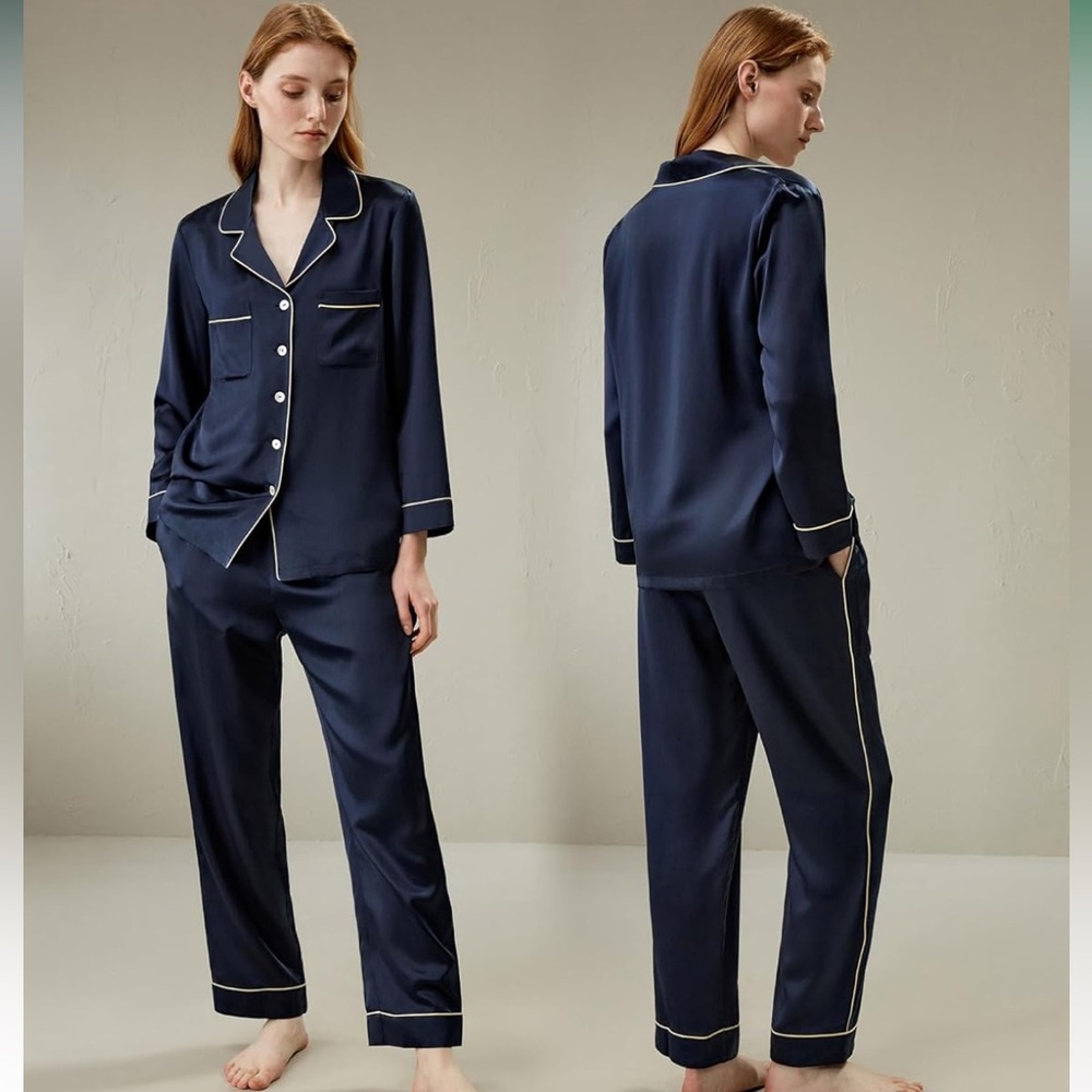100% Mulberry silk navy Pajama Set xs quiet luxury